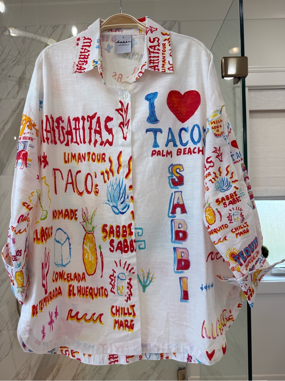Sabbi SET NWT Women's White Button-Down Linen Shirt with Colorful Taco Print